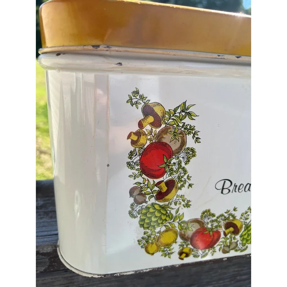 Bread Box Metal Spice of Life Mushroom Vegetable USA Yellow Lid Vintage MCM